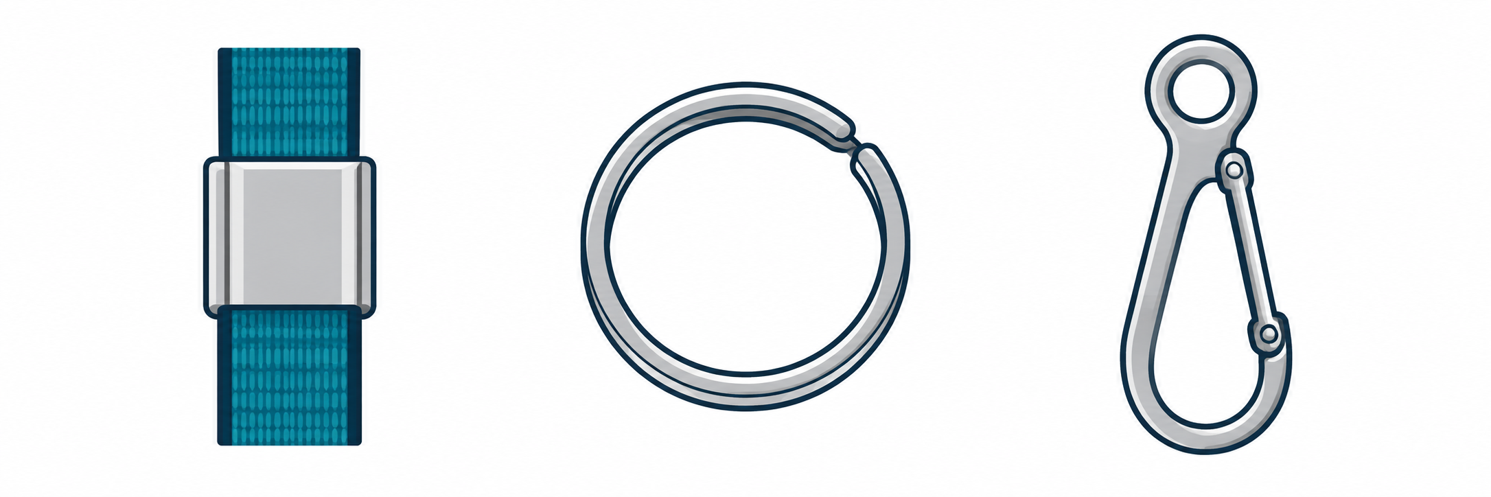 Illustrations of a metal clasp, split keyring and snap hook